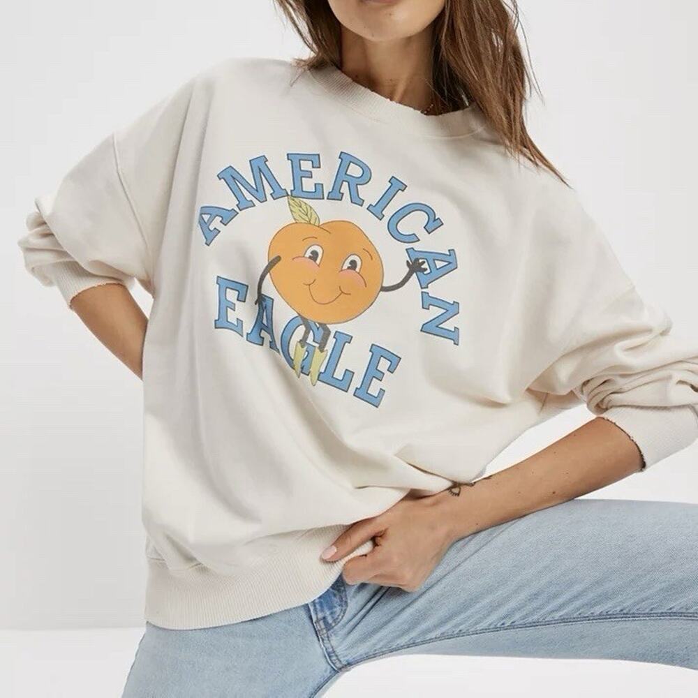 American Eagle Graphic Print Smiling Orange Crewneck Sweatshirt Womens Large